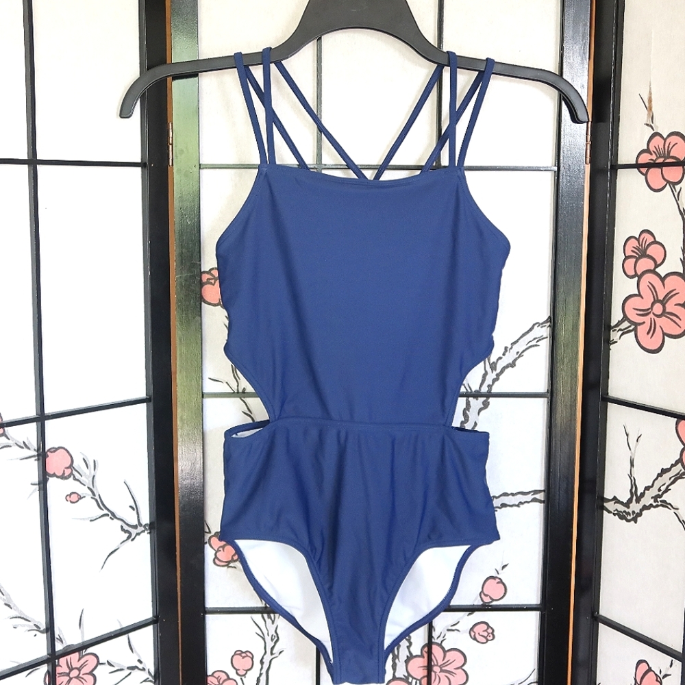 Kanu Surf Navy Blue One-Piece Swimsuit with Cutout Details Crossed Straps